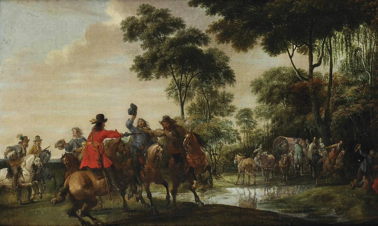 Banditi che assaltano un'auto ribaltabile vicino a un ruscello nella foresta